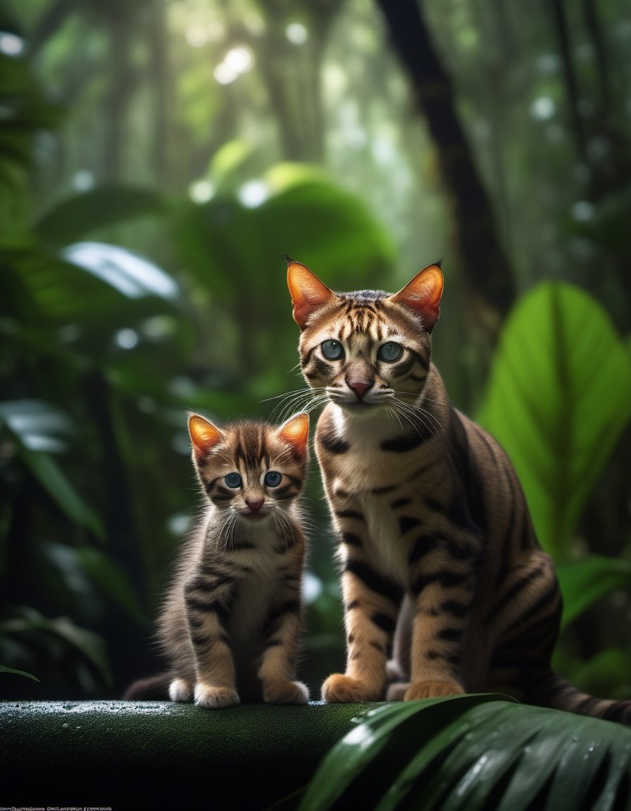 Kucing Hutan ( Felis bengalensis ) with kitten, cat, ((Masterpiece)), ((Immersive)), ((Vibrant)), ((Astounding)), ((4K)), ((Breathtaking)), Indonesian, wet tropical rain forest, raw photo, Untouched photo, original photo, RAW Image, cinematic lighting, Filmic illumination, Evocative lighting, Dramatic lighting, Wide aperture, Isolated subject, Blurry background,photo r3al