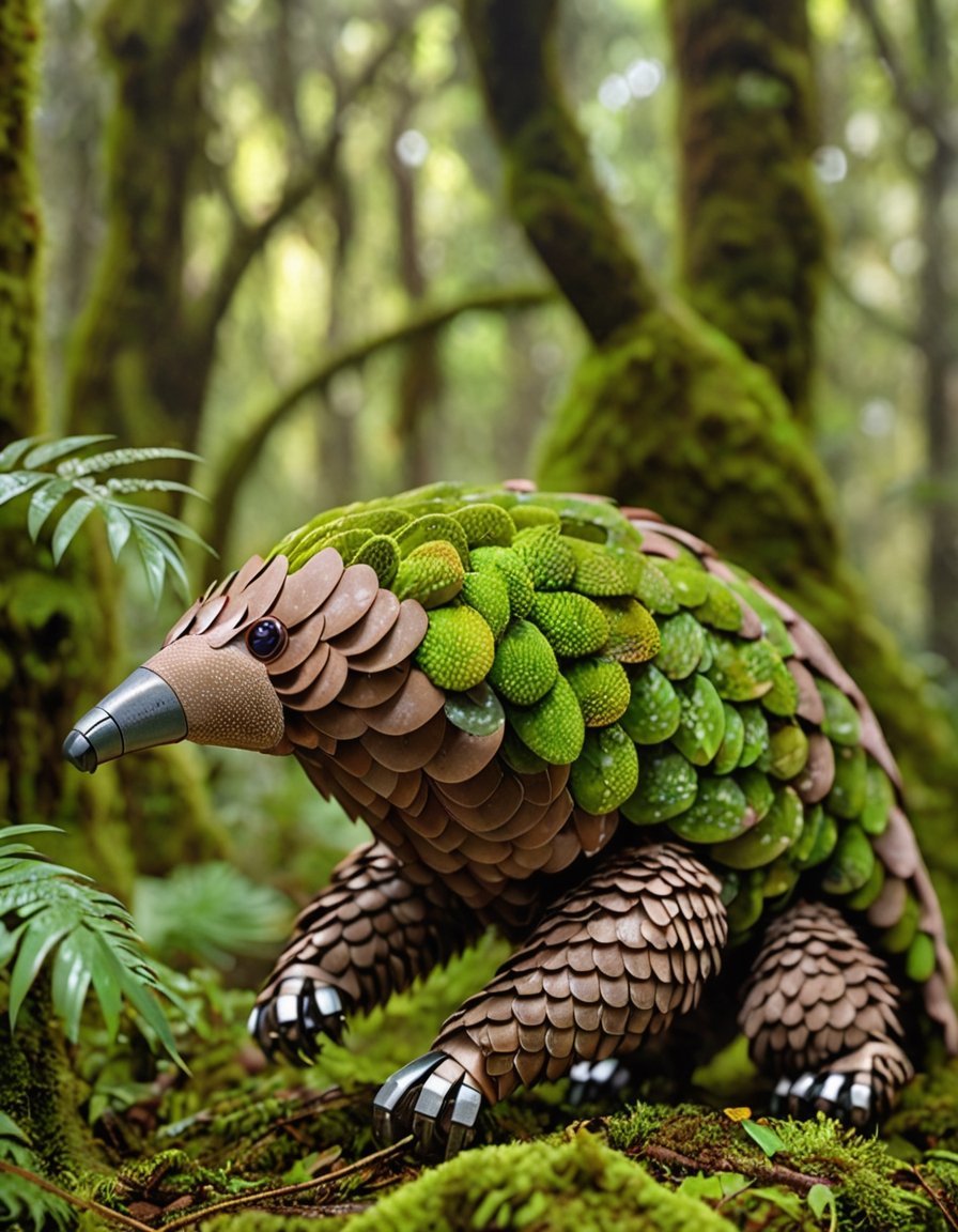 award winning photography of Robotic pangolin, very detail work, tropical rain forest with full moss,  ((best quality)), ((highly detailed)), (( (perfect detail, perfect photo))), (masterpiece:1.3), (high resolution), (8K), (extremely detailed), (4k), blurry background, bokeh