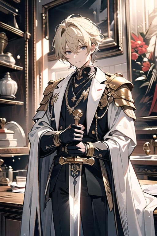 a man in holding a sword, good hand,4k, high-res, masterpiece, best quality,((Hasselblad photography)), finely detailed skin, sharp focus,  soft lighting, [:(detailed face:1.2):0.2], knight outfit,Calibur,yellow hair,1boy,