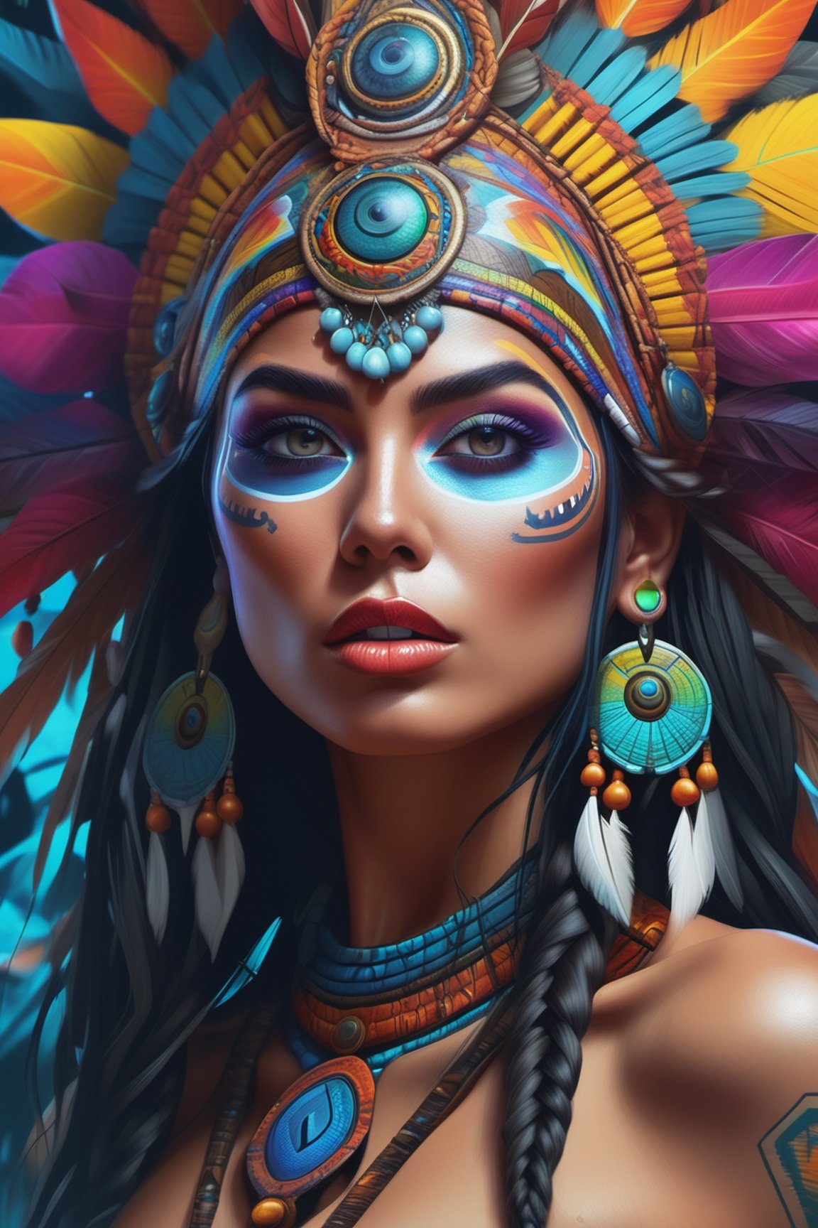 (best quality,highres:1.2), ultra-detailed, realistic, professional, surreal, psychedelic, highly detailed digital painting, mid shot, shaman, face, detailed eyes, detailed lips, bikini, intricate, elegant, lithe, smooth, sharp focus, ArtStation, concept art, illustration, colourful, vibrant, dynamic lighting