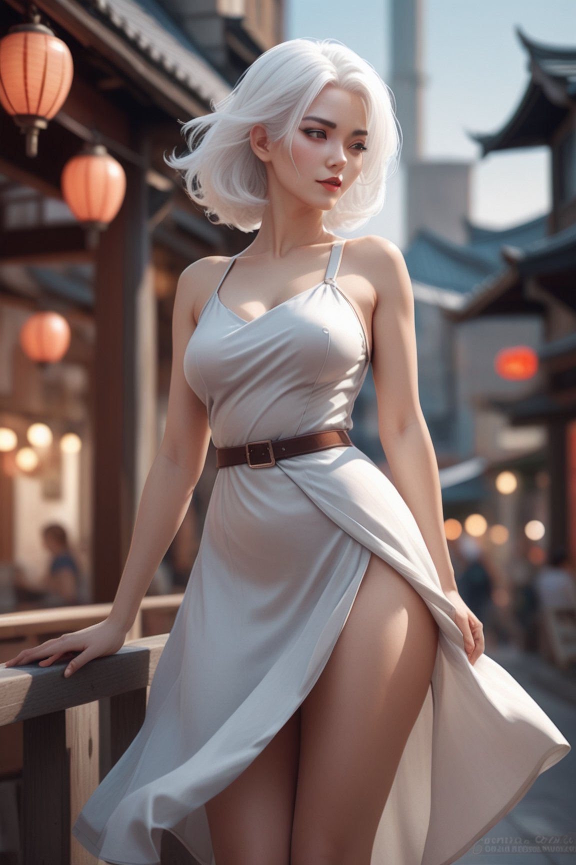 a mid close-up of a woman with white hair wearing a dress, Artstation, digital art, a character in a seductive pose, casual pose, pinup, smooth digital concept art, pinup body, perfectly shaded body, photorealistic anime girl render, artwork in the style of guweiz, digital art of an elegant, background Japanese medieval city from windows, depth of field, nighttime