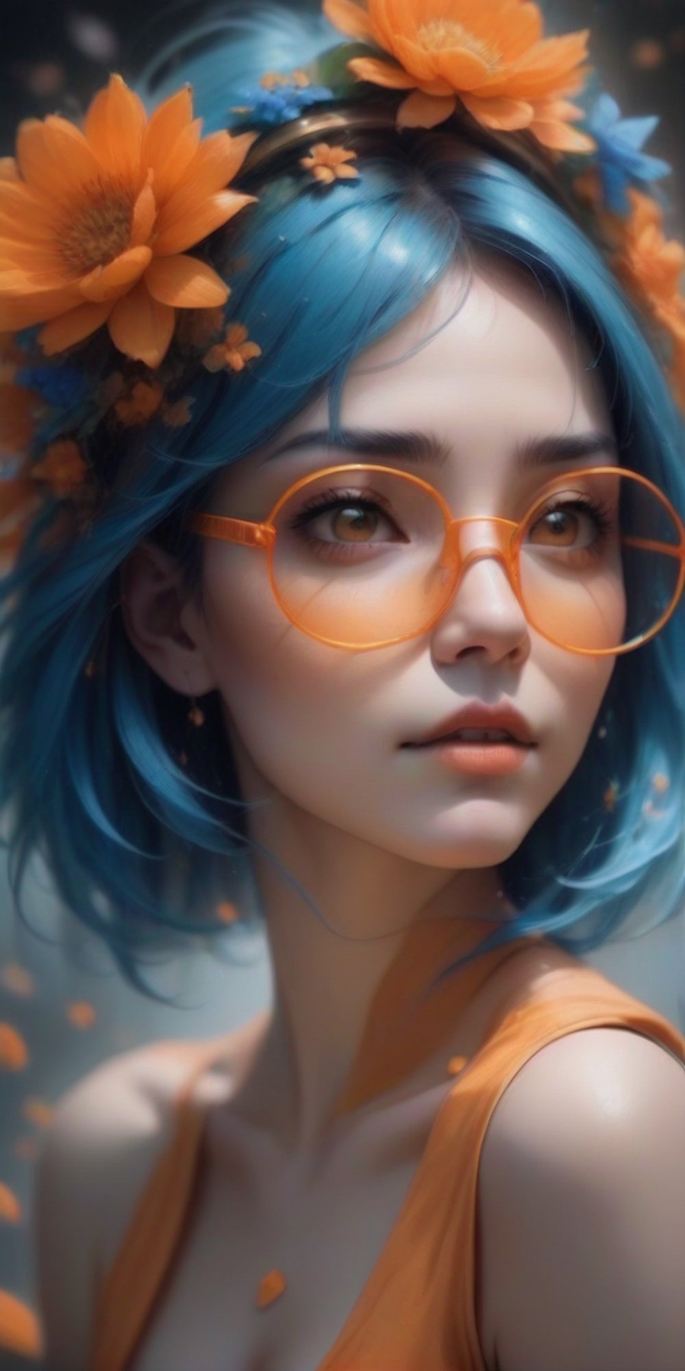 there is a woman with blue hair and orange glasses with flowers on her head, medium close up, trending on cgsociety, fantasy art, ross tran 8 k, aesthetic portrait, fantasy portrait, girl with a flower face, soft portrait shot 8 k, perky woman made of petals, background filled with big orange flowers, depth of filed, blurry background, orange and blue tones, cyan and orange palette. Vivid, cinematic.