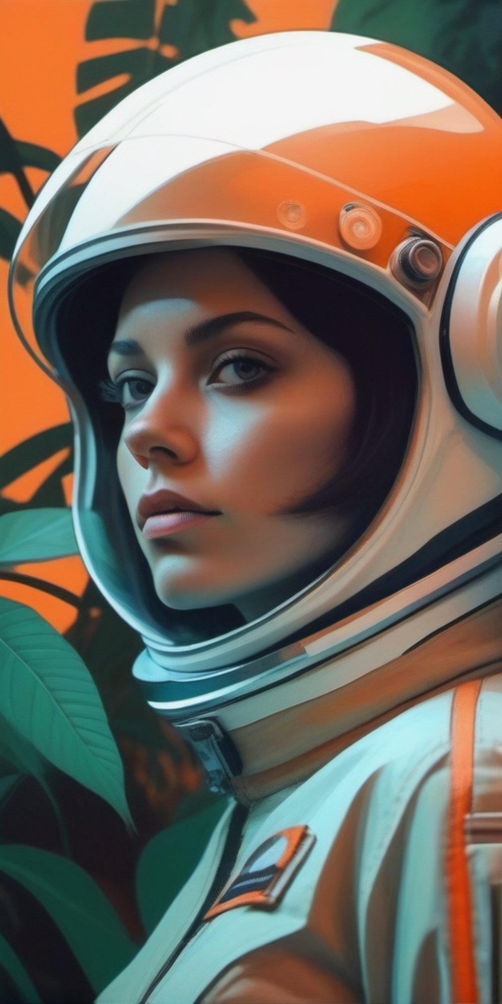 Waist-up, muted photo portrait titled "female astronaut in a jungle" by syd mead, broken helmet tangerine cold color palette, muted colors, detailed, 8k