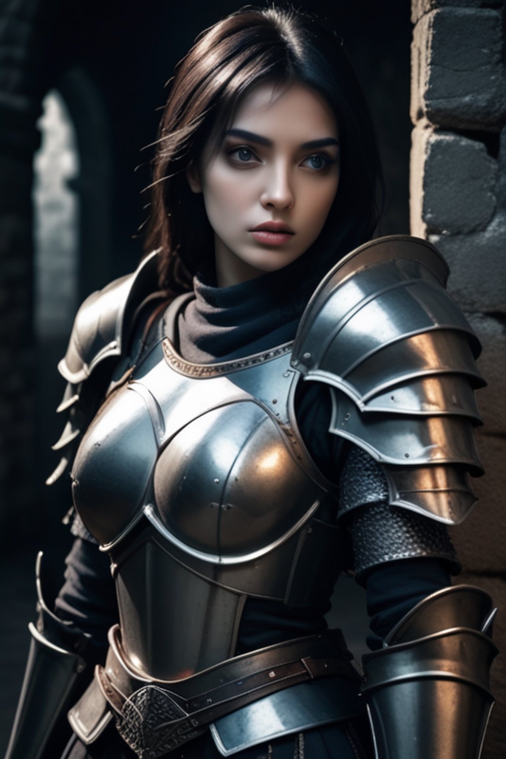 
a woman in armour in a dark dungeon, a beautiful female knight, beautiful armour, female paladin, armour girl, stunning armour, night dark dungeon, cinematic, detailed textured eyes, black hair, (high detailed skin:1.2), 8k uhd,  dslr,  soft lighting,  high quality, Photo Real, lun4, ch3ls3a, aesthetic portrait