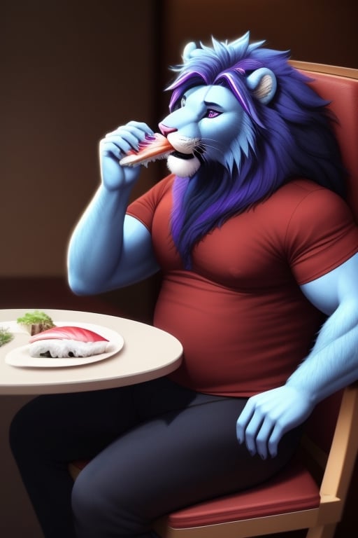 anthro, lion face, lion head  blue lion, blue skin, blue hair, (purple highlights) , blue eyesbrowns, blue body, male,  adult,  endomorph, fluffy arms, slighty_chubby, (red shirt),(black_pants),  purple eyes, (eating sushi), hairy body, blue Mane, pale pink nose, red_tennis, realistic,  photorealistic,  ultra realistic,  4k  ((full body)), (sitting to the chair) restaurant