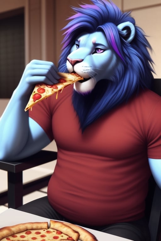 anthro, lion face, lion head  blue lion, blue skin, blue hair, (purple highlights) , blue eyesbrowns, blue body, male,  adult,  endomorph, fluffy arms, slighty_chubby, (red shirt),(black_pants),  purple eyes, (eating slice of pizza), hairy body, blue Mane, pale pink nose, red_tennis, realistic,  photorealistic,  ultra realistic,  4k  ((full body)), (sitting to the chair) restaurant