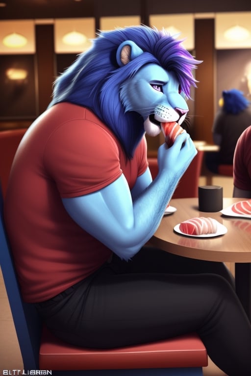 anthro, lion face, lion head  blue lion, blue skin, blue hair, (purple highlights) , eyesbrowns, blue body, male,  adult,  endomorph, fluffy arms, slighty_chubby, (red shirt),(black_pants),  purple eyes, (eating sushi), hairy body, blue Mane, pale pink nose, red_tennis, realistic,  photorealistic,  ultra realistic,  4k  ((full body)), (sitting to the chair) restaurant