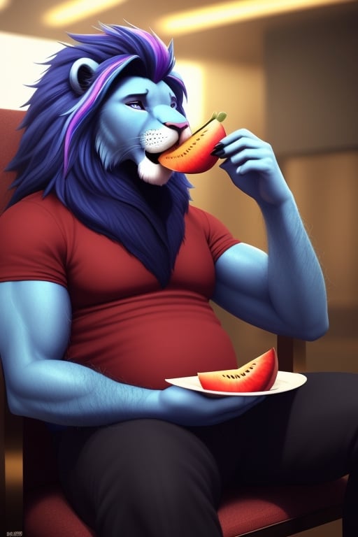 anthro, lion face, lion head  blue lion, blue skin, blue hair, (purple highlights) , blue eyesbrowns, blue body, male,  adult,  endomorph, fluffy arms, slighty_chubby, (red shirt),(black_pants),  purple eyes, (eating fruit ), hairy body, blue Mane, pale pink nose, red_tennis, realistic,  photorealistic,  ultra realistic,  4k  ((full body)), (sitting to the chair) restaurant