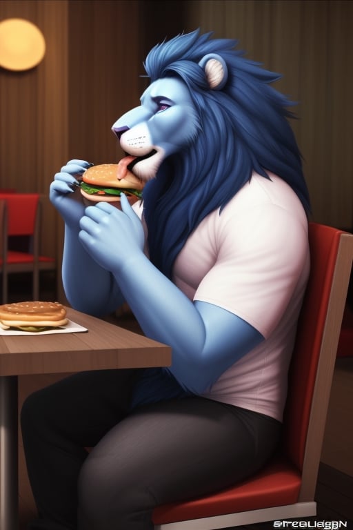 anthro, lion face, lion head  blue lion, blue skin, blue hair, claws, eyesbrowns,blue body, male,  adult,  endomorph, fluffy arms, slighty_chubby,  (white shirt),(black_pants),  purple eyes, (eating hamburguer), hairy body, blue Mane, pale pink nose, red_tennis, realistic,  photorealistic,  ultra realistic,  4k  ((full body)), (sitting to the chair) restaurant