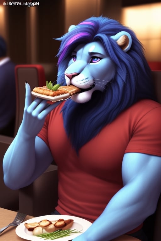 anthro, lion face, lion head  blue lion, blue skin, blue hair, (purple highlights) , blue eyesbrowns, blue body, male,  adult,  endomorph, fluffy arms, slighty_chubby, (red shirt),(black_pants),  purple eyes, (eating salas with a fork ), hairy body, blue Mane, pale pink nose, red_tennis, realistic,  photorealistic,  ultra realistic,  4k  ((full body)), (sitting to the chair) restaurant