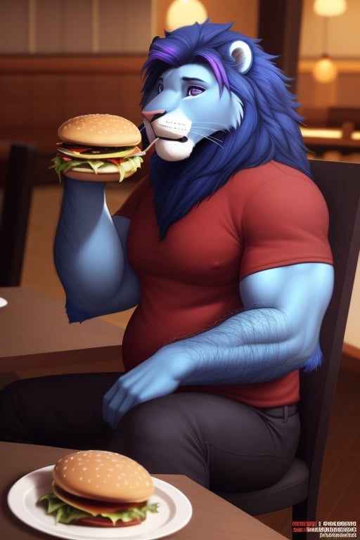 anthro, lion face, lion head  blue lion, blue skin, blue hair, purple highlights , eyesbrowns, blue body, male,  adult,  endomorph, fluffy arms, slighty_chubby, (red shirt),(black_pants),  purple eyes, (eating hamburguer), hairy body, blue Mane, pale pink nose, red_tennis, realistic,  photorealistic,  ultra realistic,  4k  ((full body)), (sitting to the chair) restaurant