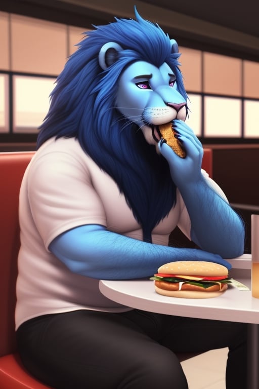 anthro, lion face, lion head  blue lion, blue skin, blue hair, claws, eyesbrowns, blue body, male,  adult,  endomorph, fluffy arms, slighty_chubby,  (white shirt),(black_pants),  purple eyes, (eating hamburguer), hairy body, blue Mane, pale pink nose, red_tennis, realistic,  photorealistic,  ultra realistic,  4k  ((full body)), (sitting to the chair) restaurant