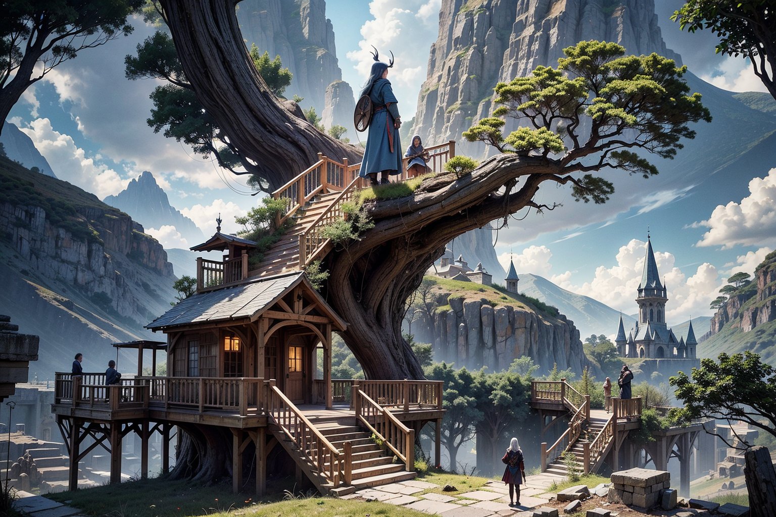 Amidst the smoldering sky, a Viking-inspired treehouse perches precariously on the branch of a wrench-shaped ancient elven tree. The once-thriving elven city lies in ruins, with crumbling spires and grand halls reduced to rubble. Ominous Nordic statues stand sentinel at the mountain's peak, their faces aglow with an otherworldly light. The air is heavy with the scent of smoke and ash as a lone figure, cloaked in shadows, peers out from the treehouse window, surveying the desolate landscape.