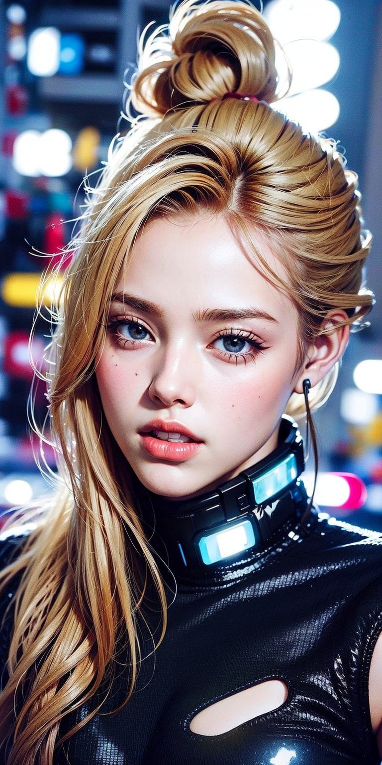 Best picture quality, high resolution, 8k, realistic, sharp focus, realistic image of cyberpunk lady, beauty, supermodel, blonde pony tail, blue eyes, dark eyeliner, glossy lips, lip bite, custom design, 1 girl,mecha, neon city night, looking behind, picture from below, picture from behind, upper torso