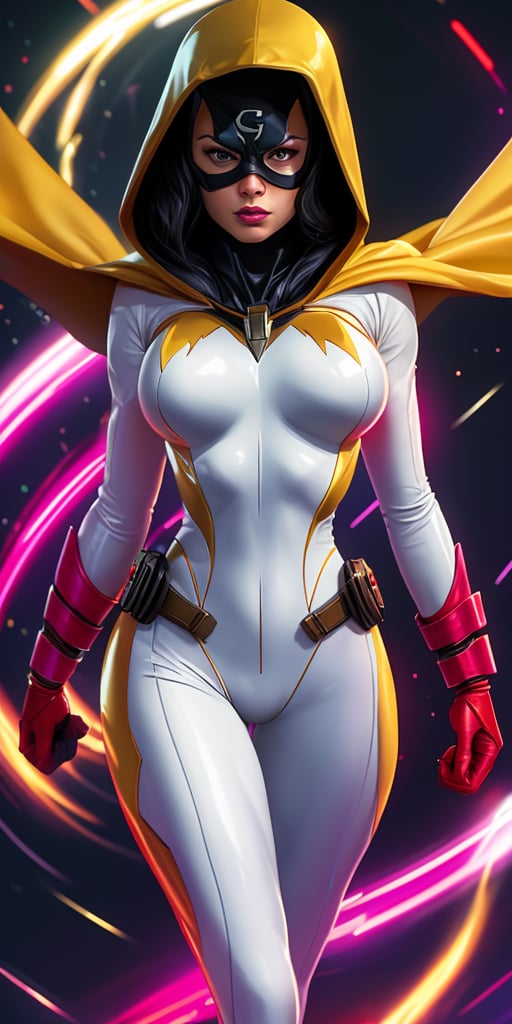 Space Ghost character,  solo female, sensual, thunder yellow cape, tight white suit, black hooded mask, red wrist cuffs and red belt, Darf Punk wlop glossy skin, ultrarealistic tough superhero, ominus pose, holographic, neon holographic texture, the style of wlop, space, ,l4tex4rmor,Strong Backlit Particles
