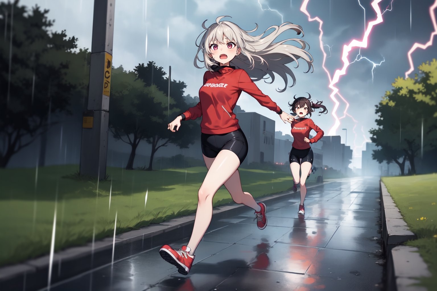 full_body, shy, outdoor, teen, 2_girls, rage, run, wind, rain, lightning