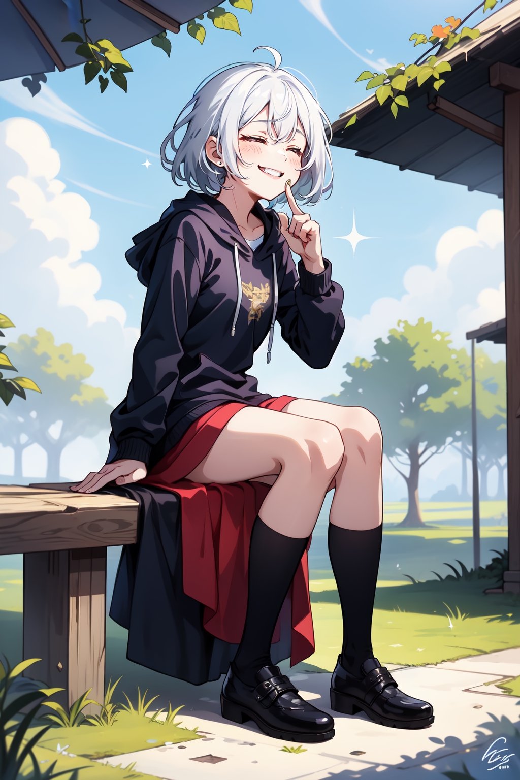 full_body, girl, teen, shy, outdoor, white_hair, sitting_down, laughing, finger_on_lips, closed_eyes,glitter