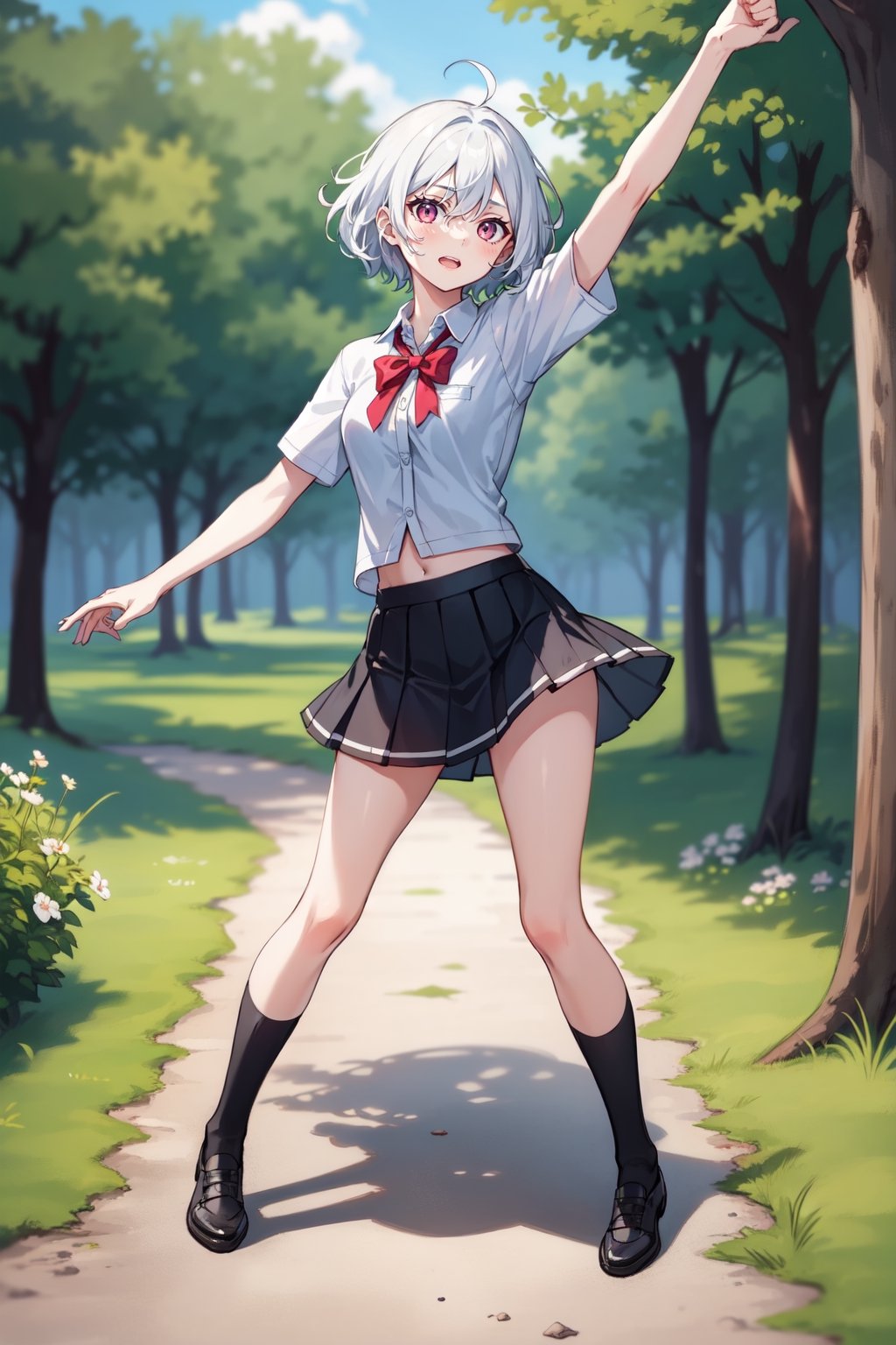 full_body, girl, teen, shy, outdoor, white_hair, forest, short_skirt, dancing, bird