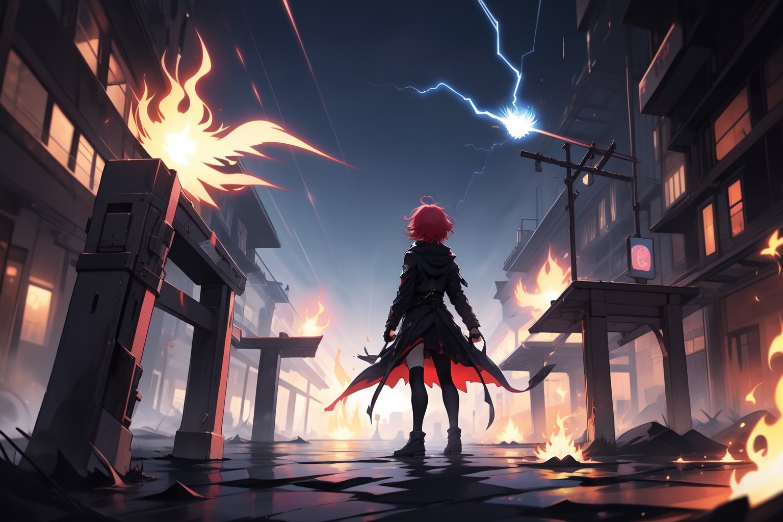 full_body, shy, outdoor, teen, girls, battle, rage, magic, flame, bird, storm