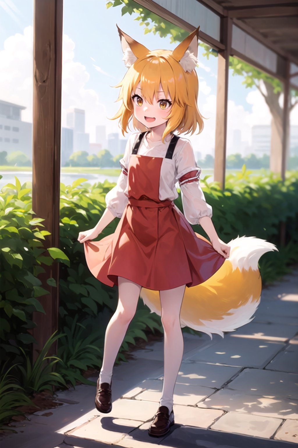 full_body, teen, petite, girl, shy, senko_san, fox_tail, sunlight, laughing