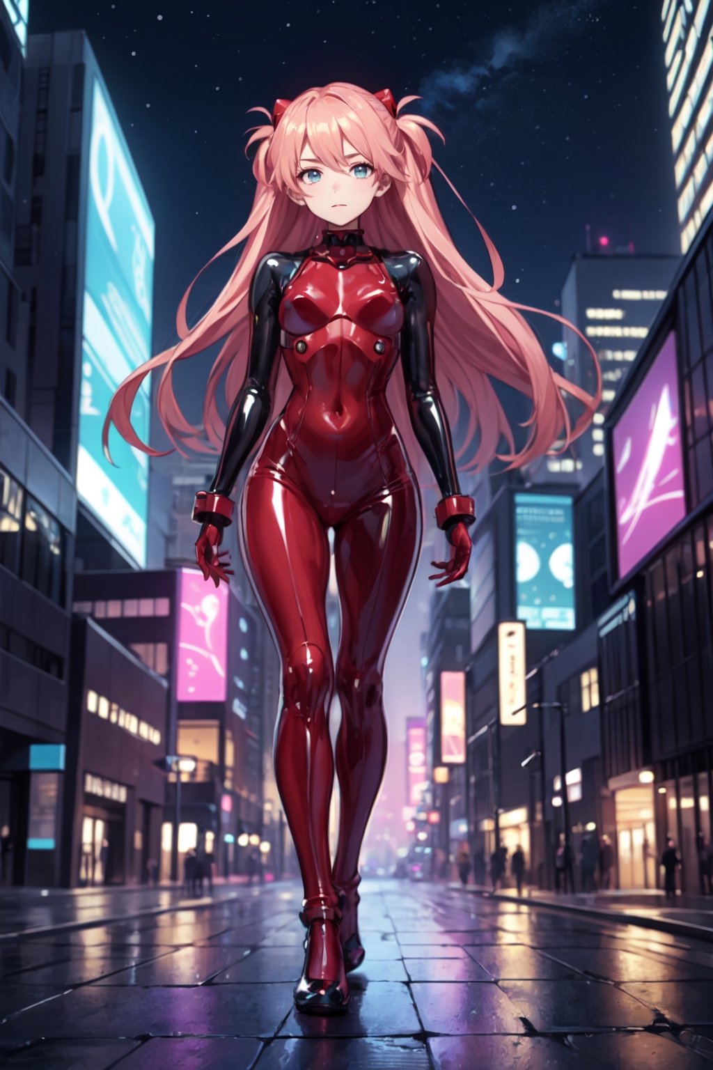 full_body, teen, petite, girl, shy, asuka_langley, yellow_latex, city, night, walking