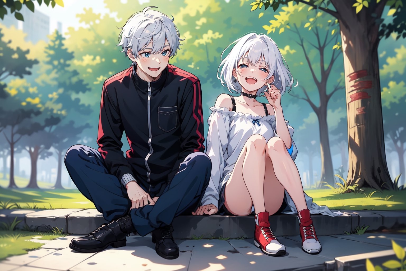 full_body, 1girl, 1boy, teen, shy, outdoor, sitting, white_hair, laughing