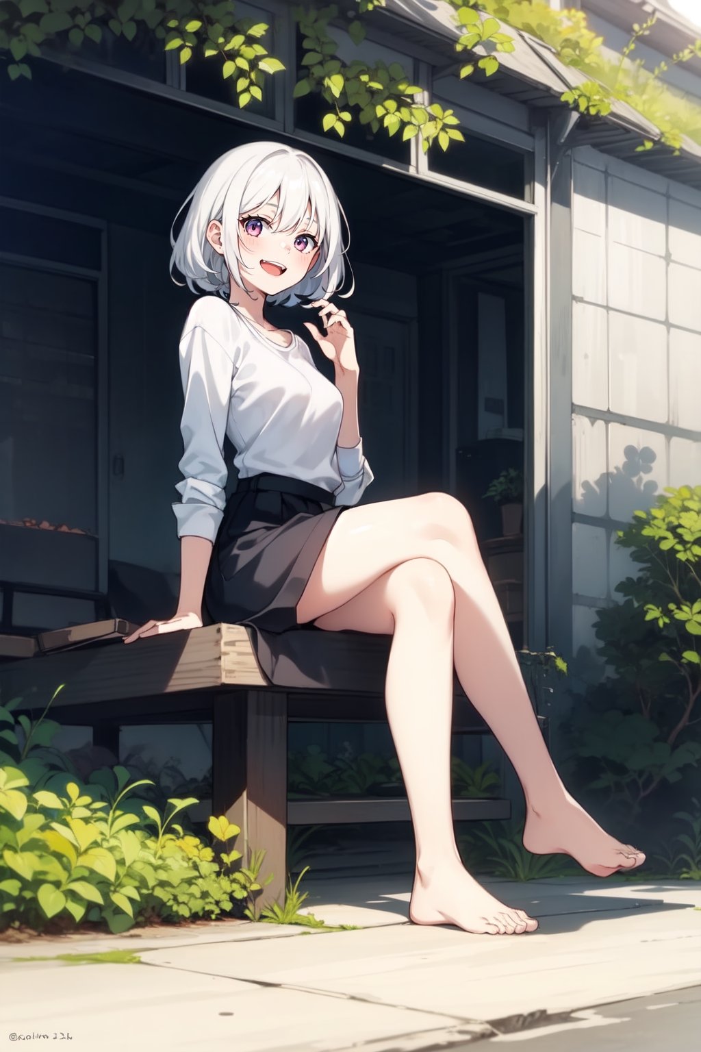 full_body, girl, teen, shy, outdoor, white_hair, sitting_down, laughing