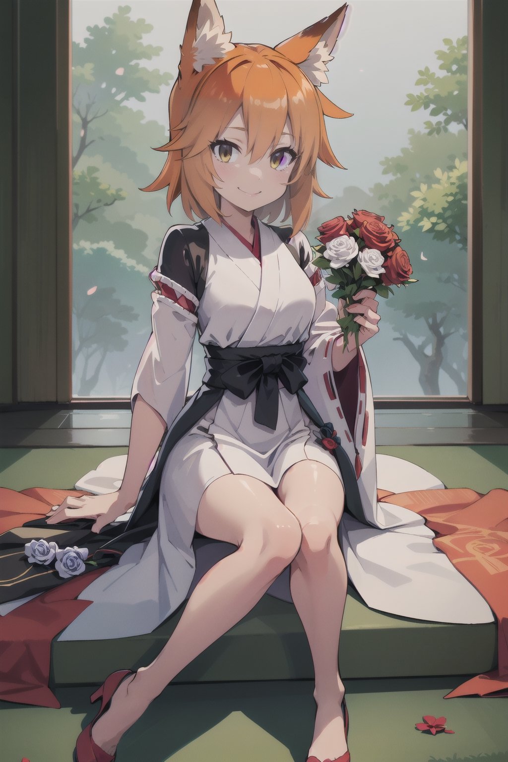 masterpiece, full_body, Senko, bouquet_roses_in_hand, smiling, sitting_down, best quality