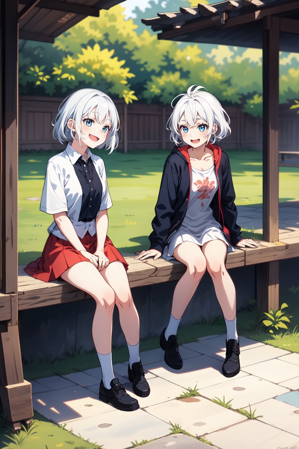 full_body, 2_girls, teen, shy, outdoor, sitting, white_hair, laughing