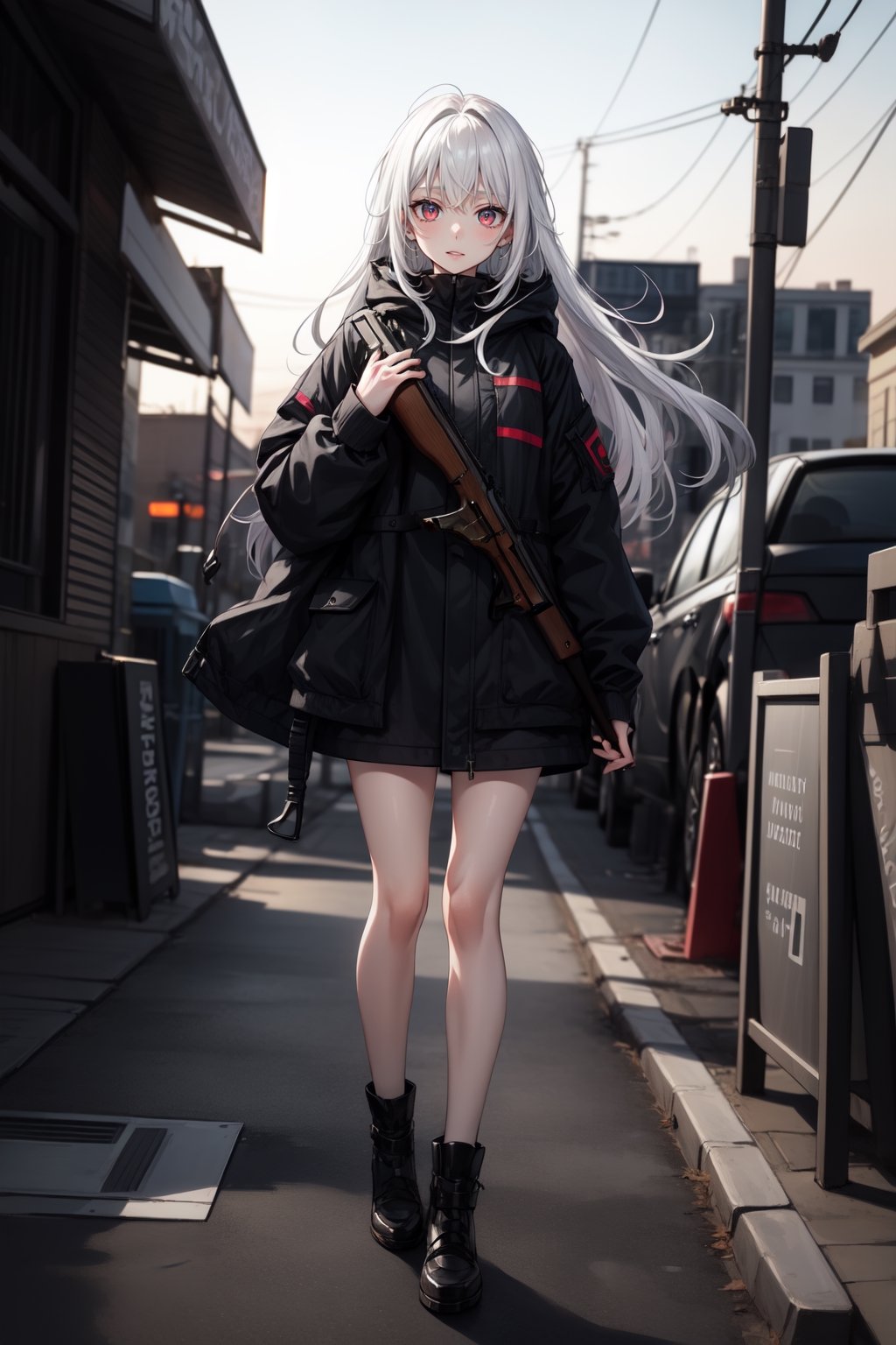 full_body, girl, teen, shy, outdoor, white_hair, take_hand (rifle, black)