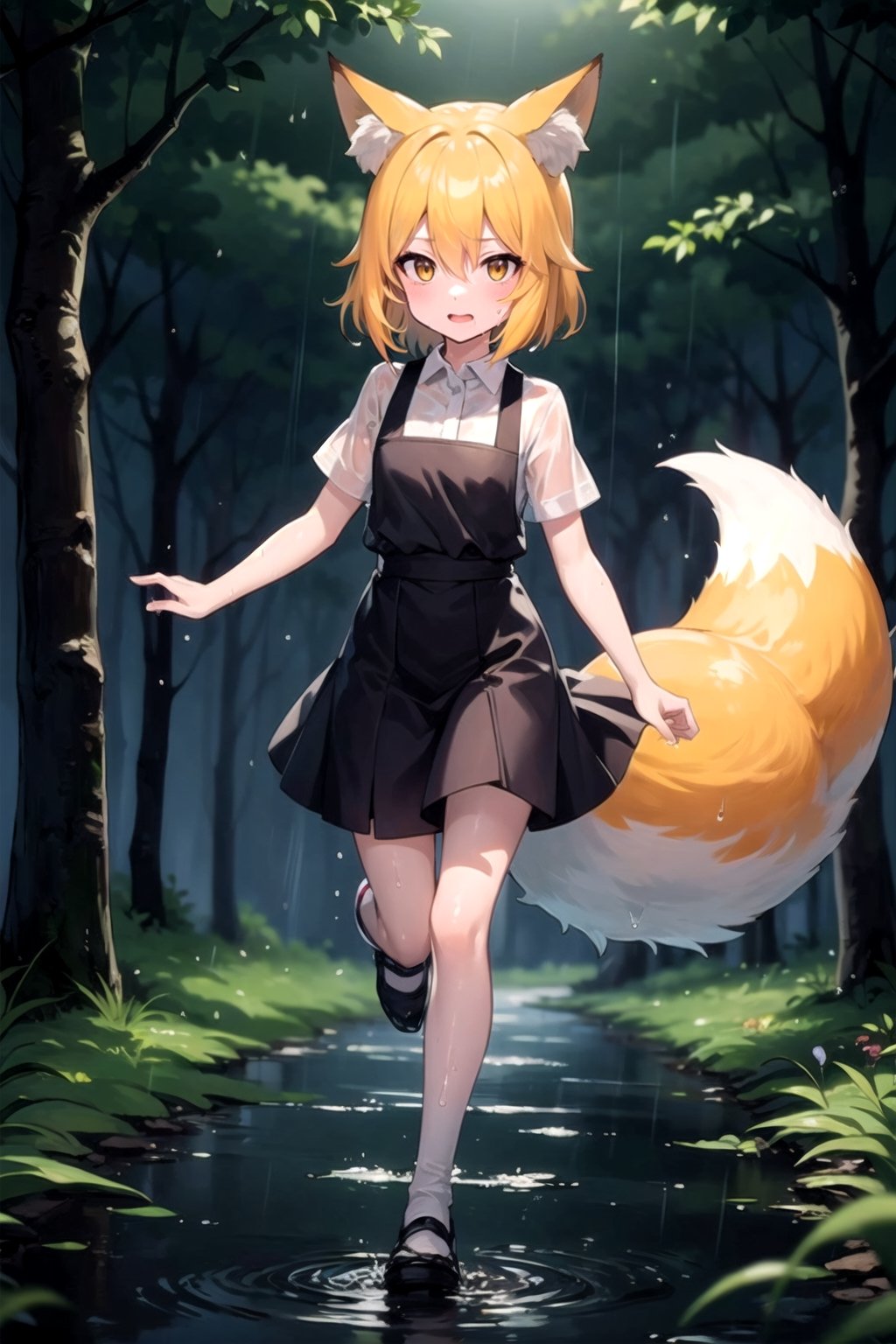 full_body, teen, girl, shy, senko_san, fox_tail, on_one_leg, wet, forest, night, rain