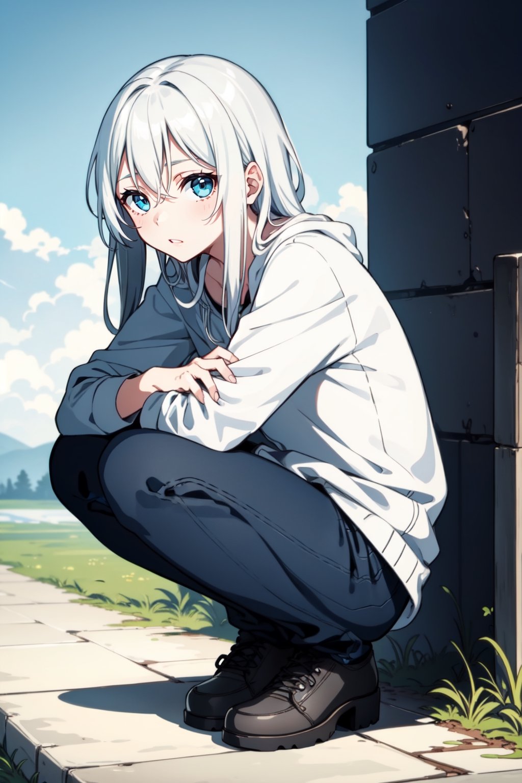 full_body, girl, teen, shy, outdoor, white_hair, squatting