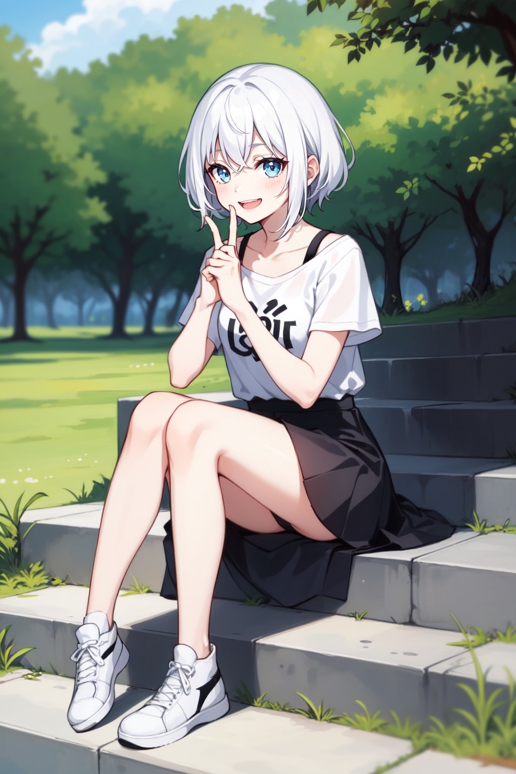 full_body, girl, teen, shy, outdoor, white_hair, sitting_down, laughing, finger_on_lips