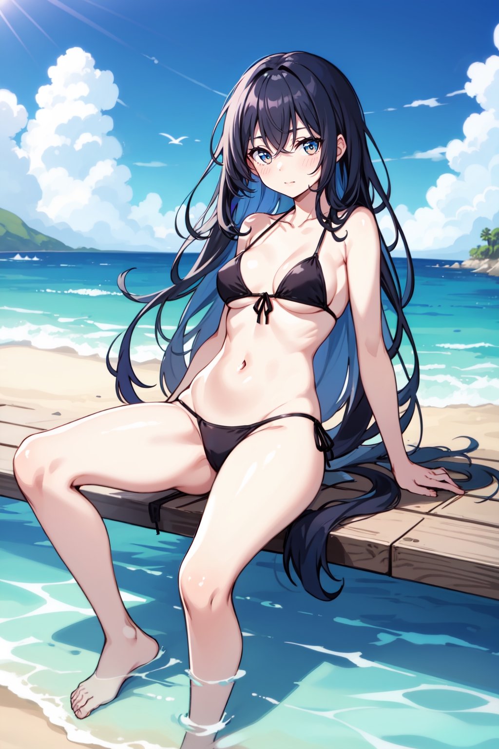 full_body, girl, teen, shy, outdoor, sitting, long_hair, bikini, sea