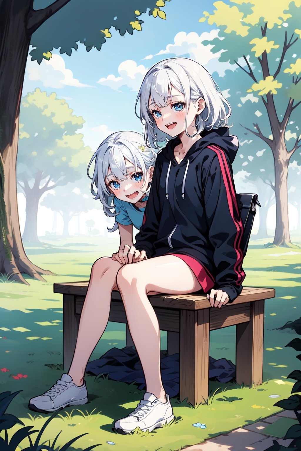 full_body, 2_girls, teen (18y.o.), shy, outdoor, sitting, white_hair, laughing