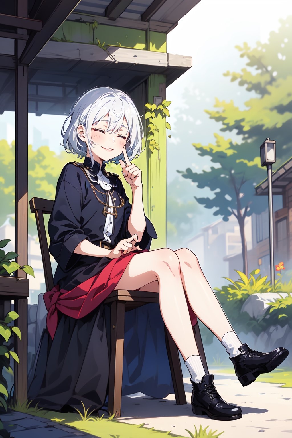 full_body, 1girl (teen, shy, outdoor, white_hair, sitting_down, laughing, finger_on_lips, closed_eyes), 1boy