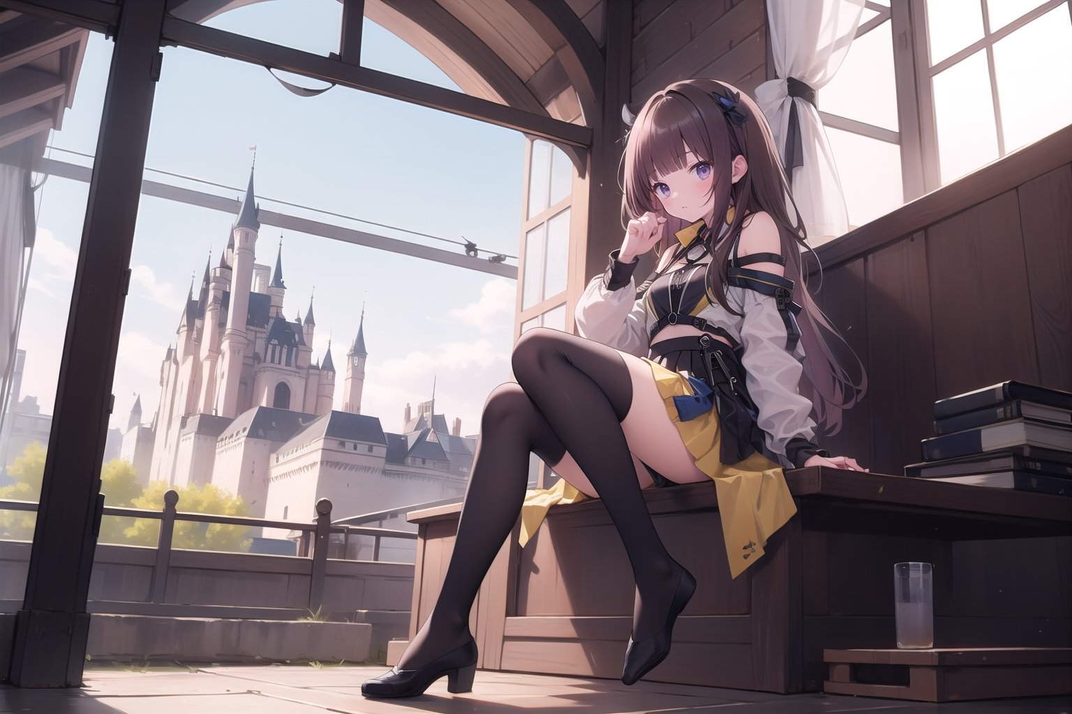 full_body, shy, petite, girl, castle, dark_hair, long_skirt, sitting