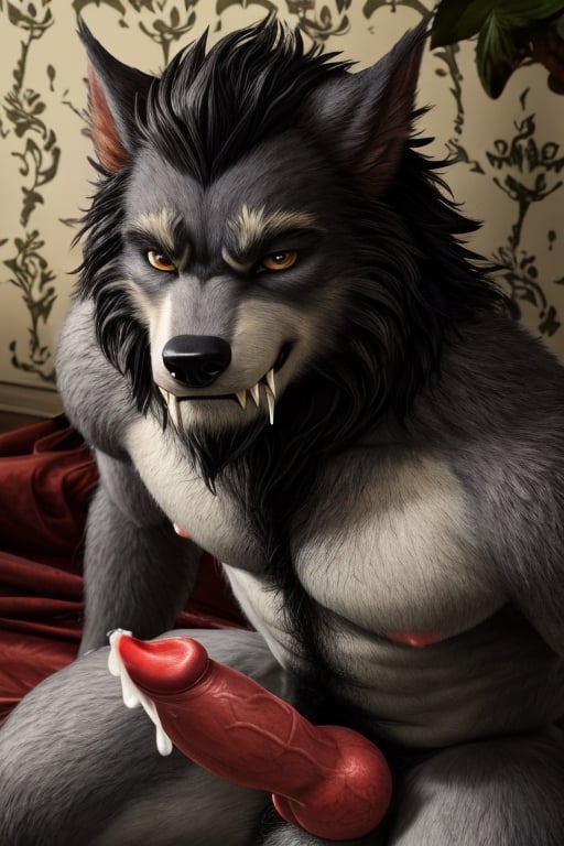 Expressive eyes, ((worgen)), perfect face, furry, fluffy fur skin, were-wolf, pink nipples, male, adult, wolf head, wolf face, hairy black body, (hairy pubis), jet grey skin, jet grey fur, (bad smirking face), brown eyes, fangs, (((putting his cock on my face))), naked, (canine penis with knot), (look from between his legs), veiny_penis, nsfw, (solo) 

Handsome, (rude) male werewolf antropomorfh, detailed face, black hair, ((the entire body covered with grey fur)), background, (masterpiece:1.2), (best quality), (detailed), (intricate), (8k), (HDR), (wallpaper), (sharp focus), (full body), sitting, touching his chest, boner, cum,