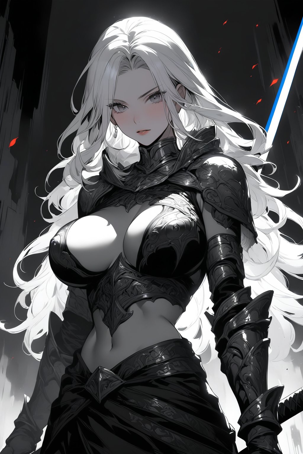 Anime character, warrior, fearless, long silver hair, beautiful face, sword, sexy, double D sized breast, detailed, illustration, vibrant, vivid, high contrast, digital painting, sharp focus, fantasy, anime enthusiasts