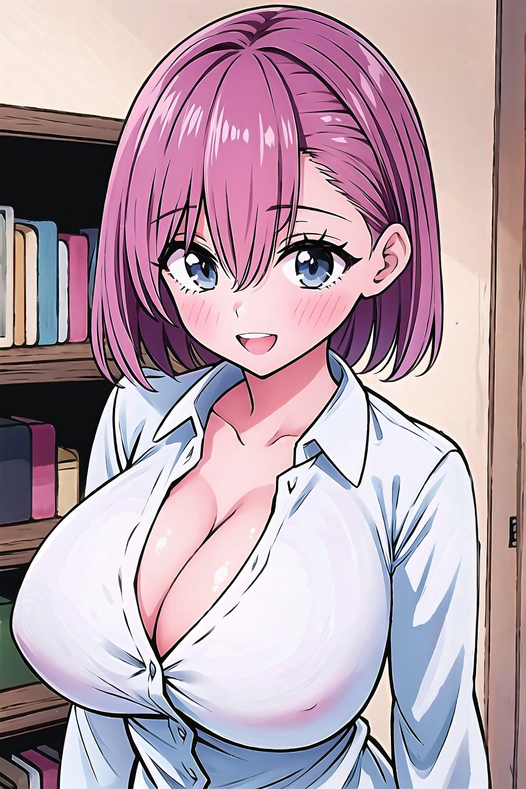 (Masterpiece), upper body, 1girl, solo, looking at viewer, short hair, ((((pink hair)))), bangs, hair between eyes, blue eyes, blush, smile, teeth, open mouth, collarbone, gigantic breasts, cleavage, shirt, collared shirt, long sleeves, white shirt, dress shirt, :d, indoors, bookshelf,Ririsa Amano,poakl,LINEART