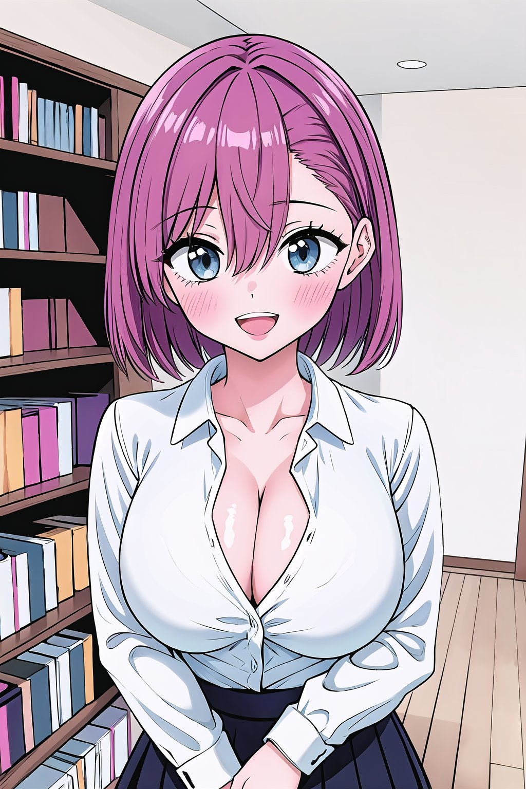 (Masterpiece), 1girl, solo, breasts, looking at viewer, blush, smile, short hair, open mouth, bangs, blue eyes, large breasts, shirt, long sleeves, cleavage, hair between eyes, collarbone, white shirt, upper body, pink hair, :d, teeth, collared shirt, indoors, dress shirt, bookshelf,clean line art