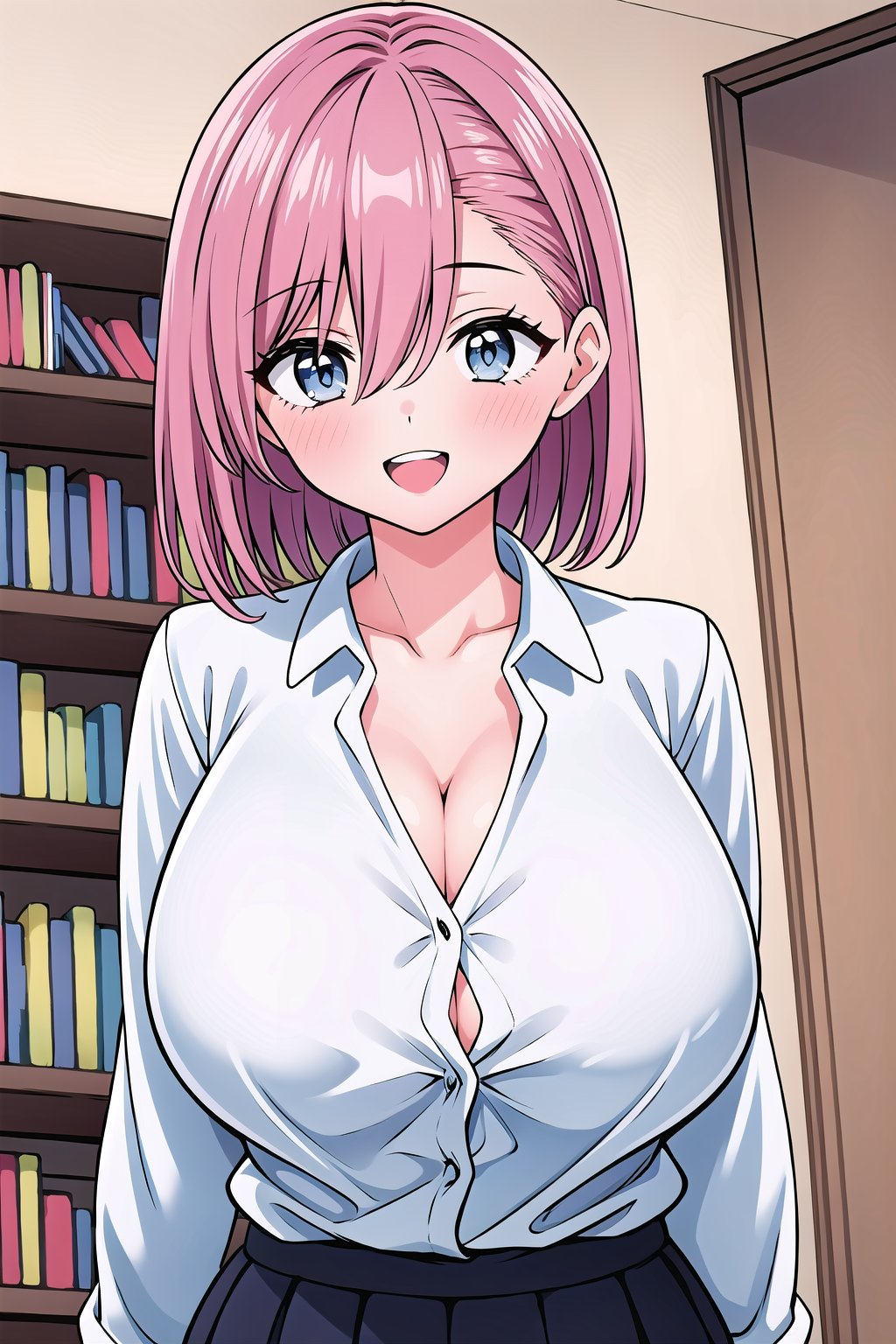 (Masterpiece), upper body, 1girl, solo, looking at viewer, short hair, ((((pink hair)))), bangs, hair between eyes, blue eyes, blush, smile, teeth, open mouth, collarbone, gigantic breasts, cleavage, shirt, collared shirt, long sleeves, white shirt, dress shirt, :d, indoors, bookshelf,Ririsa Amano,poakl,LINEART