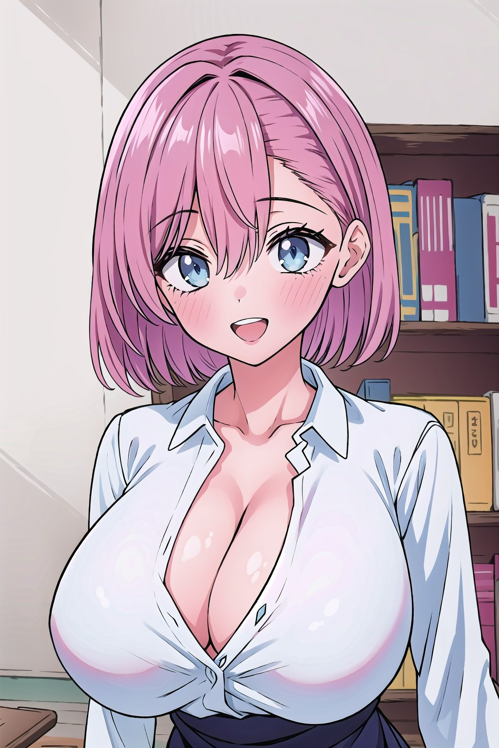 (Masterpiece), upper body, 1girl, solo, looking at viewer, short hair, ((((pink hair)))), bangs, hair between eyes, blue eyes, blush, smile, teeth, open mouth, collarbone, gigantic breasts, cleavage, shirt, collared shirt, long sleeves, white shirt, dress shirt, :d, indoors, bookshelf,Ririsa Amano,poakl