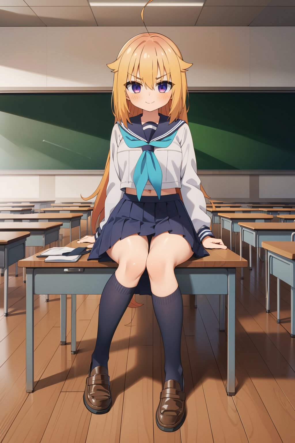 (masterpiece), (highres), (absurdres), (Highly detailed), (high quality), (hyper detailed), (beautiful), (detailed eyes:1.2), (detailed body:1.2), (Medium Long shot), (Koshi Torako), (sitting), (portrait), 1girl, solo, looking at viewer, blonde hair, long hair, bangs, hair between eyes, v-shaped eyebrows, purple eyes, smile, closed mouth, (medium breasts), crosed legs, shirt, white shirt, long sleeves, skirt, blue skirt, pleated skirt, school uniform, ahoge, hair flaps, sailor collar, blue sailor collar, neckerchief, blue neckerchief, serafuku, socks, kneehighs, shoes, loafers, brown footwear, (school, classroom, board, classroom interior, bangraund:1.3), linea art, koshi torako,poakl,Classroom,School Classroom