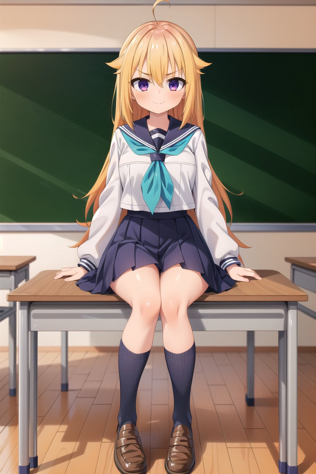 (masterpiece), (highres), (absurdres), (Highly detailed), (high quality), (hyper detailed), (beautiful), (detailed eyes), (detailed body), (Medium Long shot), (Koshi Torako), (sitting), (portrait), 1girl, solo, looking at viewer, blonde hair, long hair, bangs, hair between eyes, v-shaped eyebrows, purple eyes, smile, closed mouth, (medium breasts), crosed legs, shirt, white shirt, long sleeves, skirt, blue skirt, pleated skirt, school uniform, ahoge, hair flaps, sailor collar, blue sailor collar, neckerchief, blue neckerchief, serafuku, socks, kneehighs, shoes, loafers, brown footwear, (school, classroom, board, classroom interior, bangraund:1.3), linea art, koshi torako,poakl,