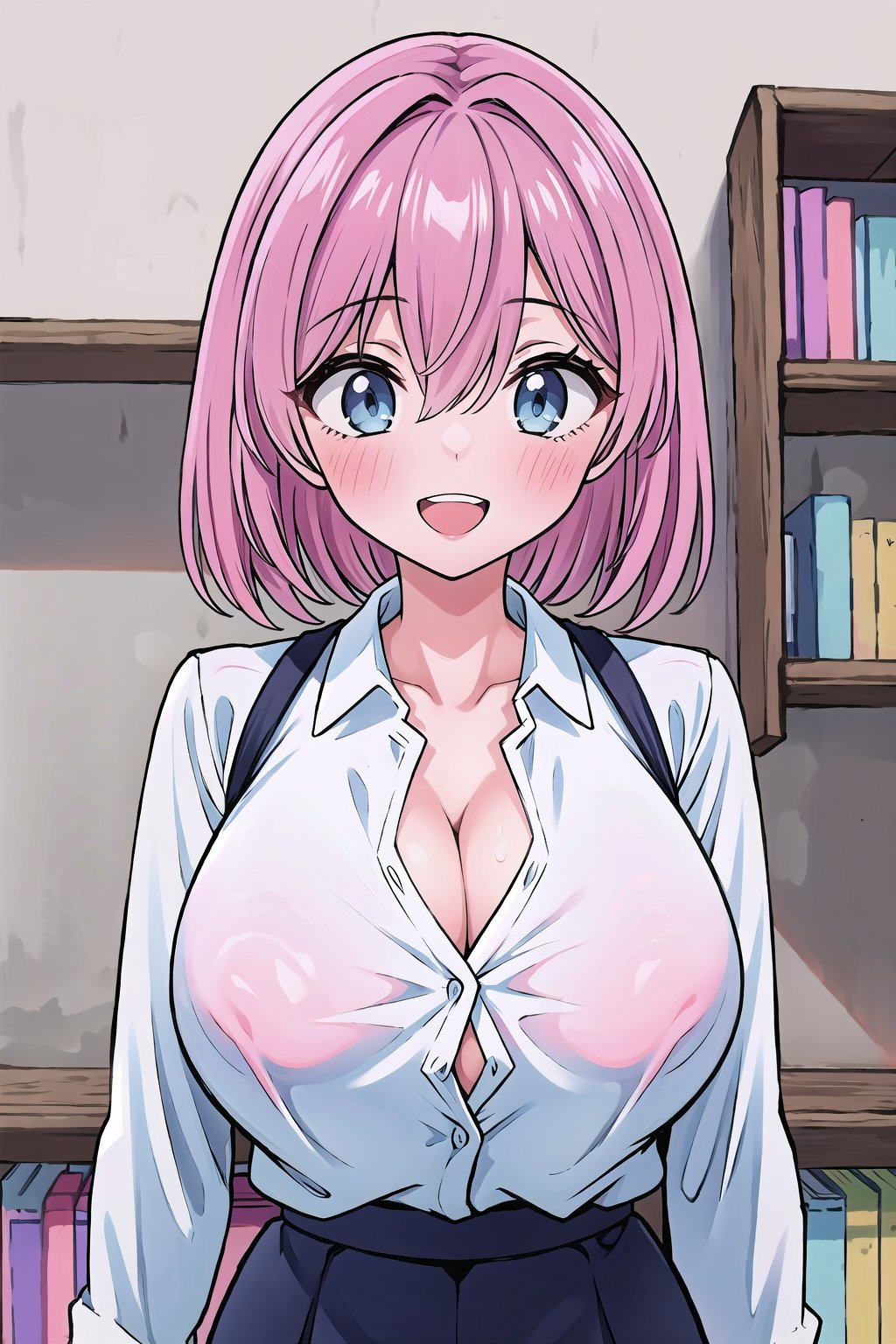 (Masterpiece), upper body, 1girl, solo, looking at viewer, short hair, ((((pink hair)))), bangs, hair between eyes, blue eyes, blush, smile, teeth, open mouth, collarbone, gigantic breasts, cleavage, shirt, collared shirt, long sleeves, white shirt, dress shirt, :d, indoors, bookshelf,Ririsa Amano,poakl