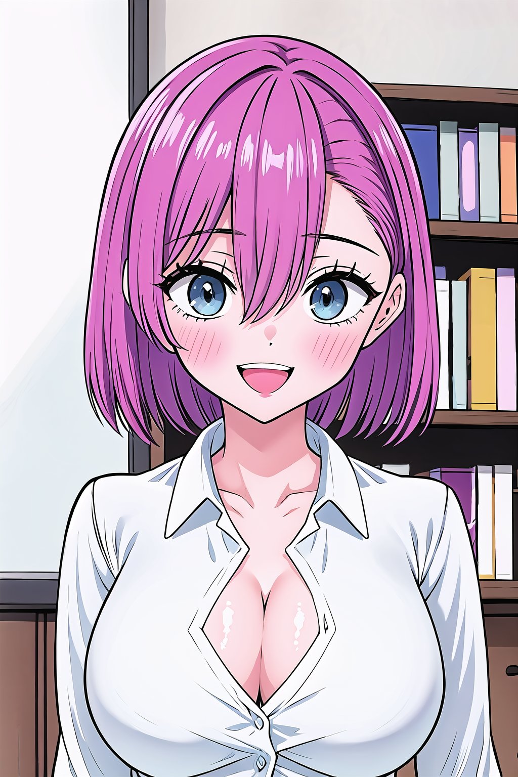 (Masterpiece), 1girl, solo, breasts, looking at viewer, blush, smile, short hair, open mouth, bangs, blue eyes, large breasts, shirt, long sleeves, cleavage, hair between eyes, collarbone, white shirt, upper body, pink hair, :d, teeth, collared shirt, indoors, dress shirt, bookshelf,clean line art