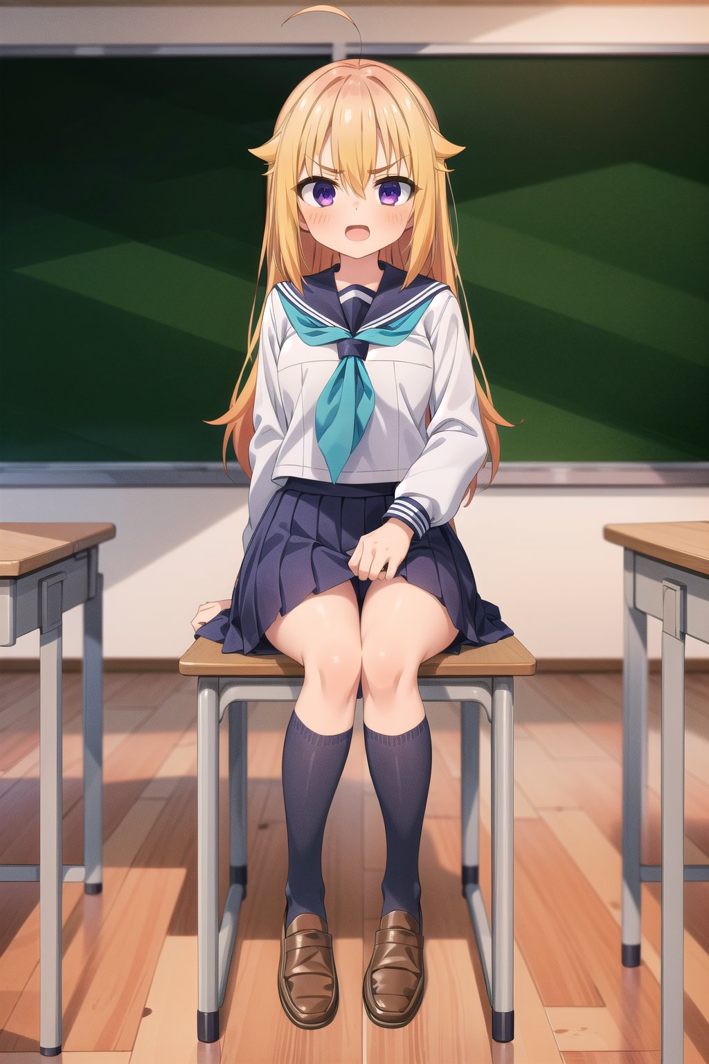 (masterpiece), (highres), (absurdres), (Highly detailed), (high quality), (hyper detailed), (beautiful), (detailed eyes), (detailed body), (Koshi Torako), (sitting), (full body), 1girl, solo, looking at viewer, blonde hair, long hair, bangs, hair between eyes, v-shaped eyebrows, purple eyes, open mouth, (medium breasts), shirt, white shirt, long sleeves, skirt, blue skirt, pleated skirt, school uniform, ahoge, hair flaps, sailor collar, blue sailor collar, neckerchief, blue neckerchief, serafuku, socks, kneehighs, shoes, loafers, brown footwear, (school, classroom, chairs, board, classroom interior, bangraund:1.3), linea art, koshi torako,poakl,