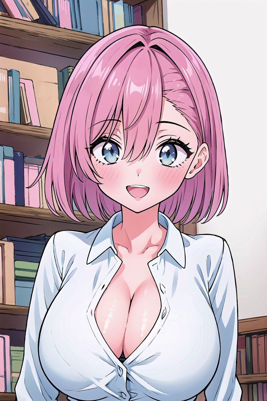 (Masterpiece), upper body, 1girl, solo, looking at viewer, short hair, ((((pink hair)))), bangs, hair between eyes, blue eyes, blush, smile, teeth, open mouth, collarbone, gigantic breasts, cleavage, shirt, collared shirt, long sleeves, white shirt, dress shirt, :d, indoors, bookshelf,Ririsa Amano,poakl