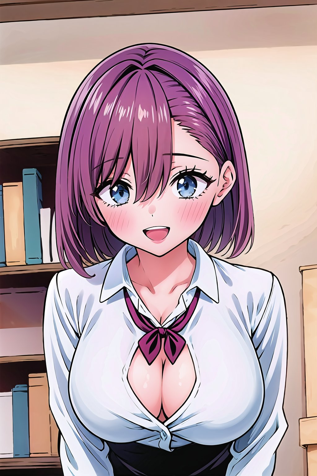 (Masterpiece), 1girl, solo, breasts, looking at viewer, blush, smile, short hair, open mouth, bangs, blue eyes, large breasts, shirt, long sleeves, cleavage, hair between eyes, collarbone, white shirt, pink hair, :d, teeth, collared shirt, indoors, dress shirt, bookshelf,clean line art